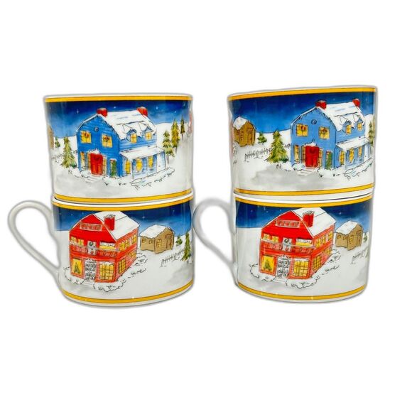 American Atelier Christmas/Winter Village Coffee/Hot Chocolate Cups Set of 4 - Picture 9 of 9